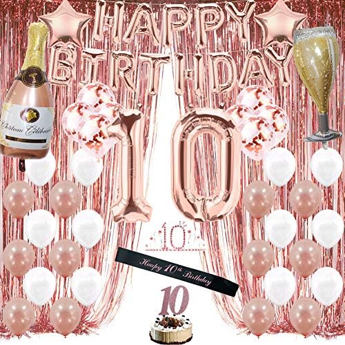 Бижута от розово злато на 10-ти рожден ден за момичета, 10 Празнични аксесоари за нея, включително и Пердета с Ресни от фолио, балони честит Рожден Ден, Диадема и колан за рожден Ден, Topper за торта