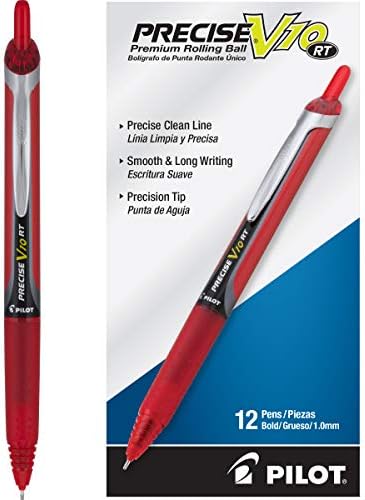 Химикалки PILOT Precise V10 RT за Еднократна употреба с плъзгащи ролки, Удебелен шрифт, с Червено мастило, 12 броя в опаковка (13456)