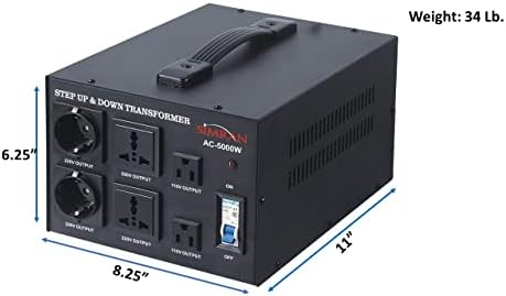 Simran AC-5000 Нагоре/стъпка надолу напрежение трансформатор, Захранващ Конвертор за преобразуване на напрежение от 110 до 220 Волта с автоматичен превключвател, Сертифициран, CE, 5000 W, Черен
