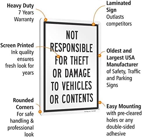 Метални табели SmartSign Не носи отговорност за кражба или повреда на превозното средство или на съдържанието, 14 x 10 инча, 40-мм Ламиниран неръждаем алуминий, черно-бял