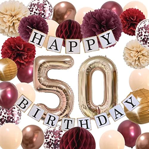 Украса на 50–ия рожден ден на жените-Розово злато, Аксесоари за 50 дни раждане за жените с приказна шампанско цвят бордо, есенни цветя, балони, Декорация от тъкани (бордо + шампанско)