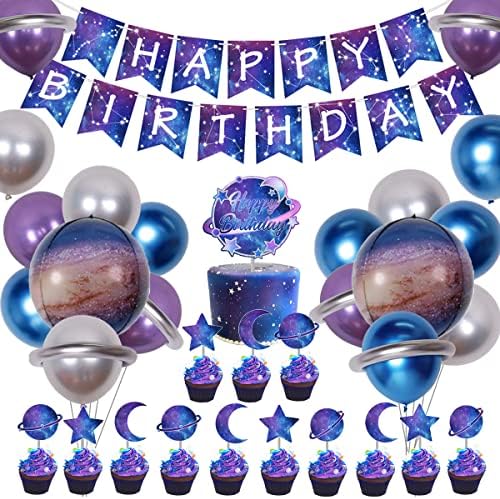 Украса за парти в чест на рождения Ден на Galaxy за деца, Банер Galaxy Честит рожден ден, Балони от Метално Фолио, Планета, Звезда, Топперы за Торта на Тема Слънчева Система, на Парти в Чест на рождения Ден