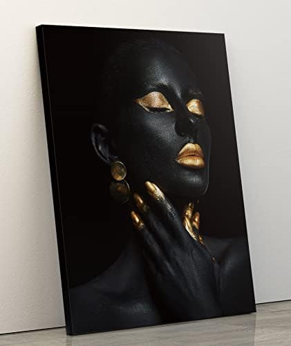 Стенни Художествена картина върху платно с рамка (11,5 × 15 см), черно-златен Моден Портрет на Черната Жена, Афроамериканское Стенно изкуство, Модерен Интериор на стените За Всекидневна, Баня, Антре, 02-HRXX04