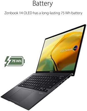 Лаптоп ASUS ZenBook 14 OLED с 14-инчов сензорен OLED-дисплей 2.8 K, процесор на AMD Ryzen 7 5825U, графика Radeon, 16 GB оперативна памет, 512 GB твърдотелно устройство за съхранение на PCIe, Windows 11 Home, Нефритово-черно,