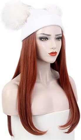 ZLDGYG дамска шапка за коса, бяла вязаная шапка с двойно топче, перука, зимна топла дълга права червена шапка за перука, една