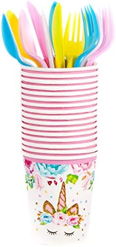 Аксесоари за парти с единорогом BleuZoo - Комплект украси за рожден ден момичета, тематичен комплект посуда за декор - Включва: Големи и малки чинии, покривки за маси, рекламни банери, салфетки, чаши, вилици, ножове,