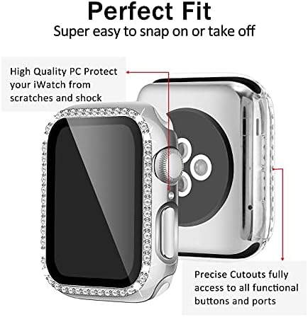 Калъф Dolicer 2 Pack за Apple Watch, съвместим със серия SE/6/5/4 с предпазно фолио за екран от закалено стъкло 44 мм, Защитно лицето панел за PC, броня iWatch с диаманти Bling Crystal Diamond (прозрачен /Сребрист,