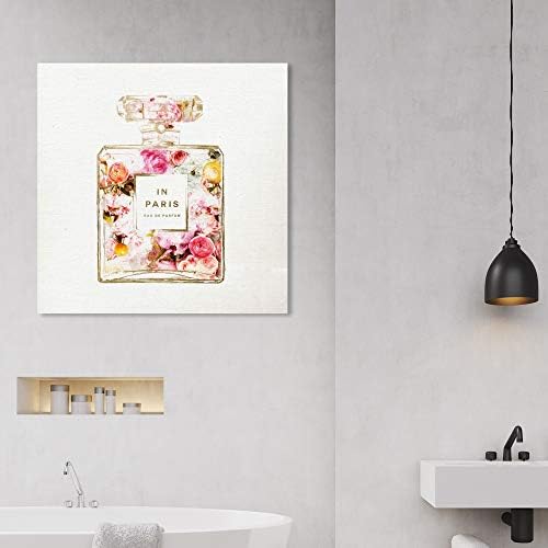 Wynwood Studio Модерен и Очарователен стенни отпечатъци върху платно Парижките флоралните парфюми За домашен интериор, 30 x 30 см, Златист, Розов