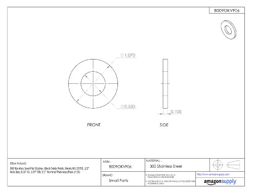 Плоска шайба за дребни детайли 300 от неръждаема стомана, покритие от черен оксид, Отговаря на стандарт MS 15795 Размерът на отвора № 6, вътрешен диаметър 0,15 инча, външен диаметър 0,32 инча, номиналната дебелина на