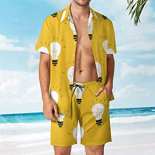 Жълта Крушка Мъжки Плажни Дрехи от 2 теми, Хавайска Риза с копчета с Къс ръкав и къси Панталони, Костюми