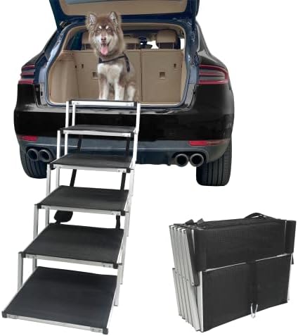 Petshug 6-степенна скоростна кутия Здрава Алуминиева стълба-рампа за големи кучета, Сгъваеми Леки стъпки за кучета с по-голяма не-хлъзгава повърхност за камиони, леки автомобили, джипове и високи легла, Преносим стълбище