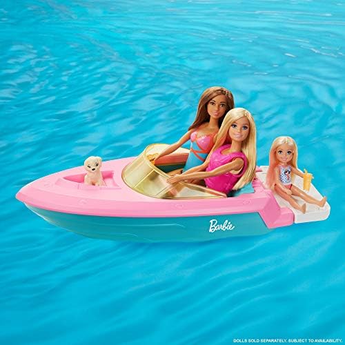 Игра комплект за кукла Барби и лодки с Кученце, аксесоари за Спасяване жилетка, Подходящ за 3 Кукли и плува във вода, подарък за деца от 3 до 7 години