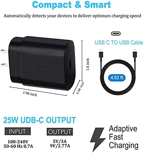 Стенно зарядно устройство с супер бързо зареждане с USB-C с мощност 25 Вата с кабел Type-C (5 фута) за Samsung Galaxy S21 /S21 + / S21 Ultra /Z Fold 2 / Note 20 Ultra / S20 Ultra / S20 Plus / S20 5G / S10 / S9 / S8