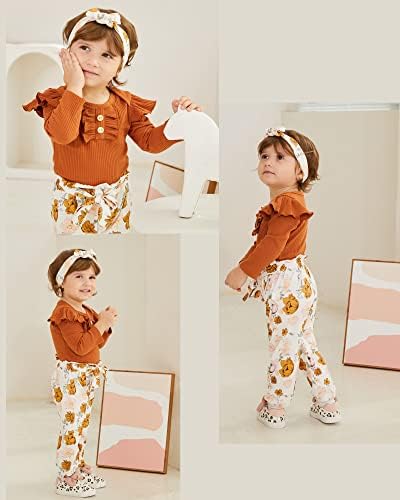 Kislio/ Облекло За бебета Момичета, Гащеризон в Рубчик С Къдри + Панталони с цветен Модел + Превръзка На Главата, Комплект Дрехи За Бебета